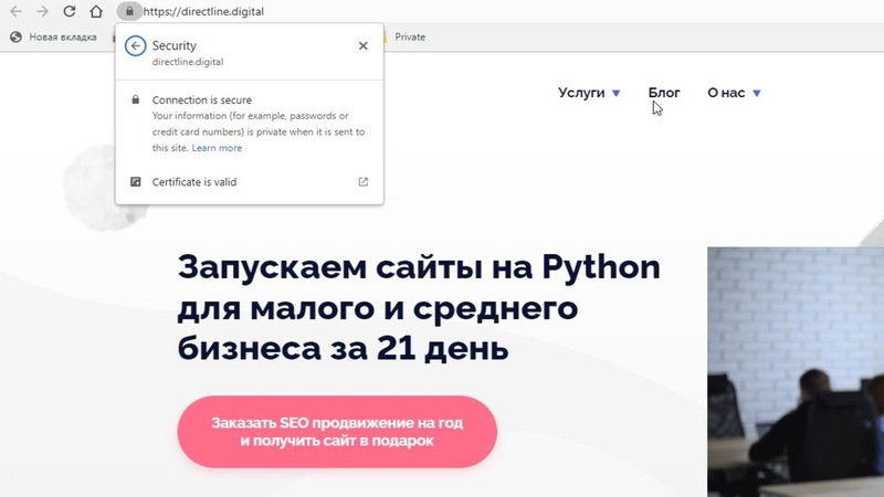 Образец оформления действующего SSL на примере сайта Direct Line Digital